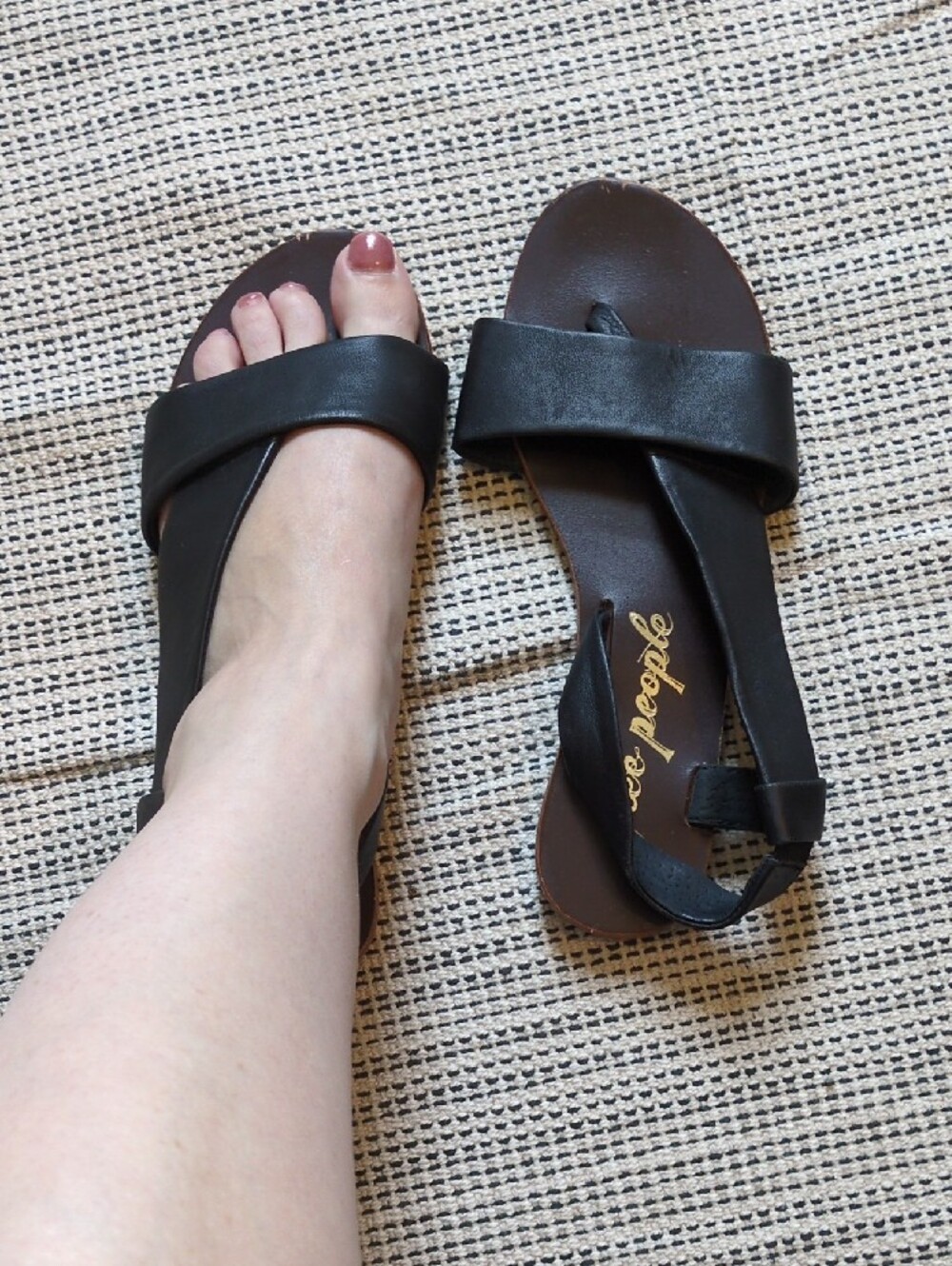 Free People Black T-Strap Open-Toe Sandals